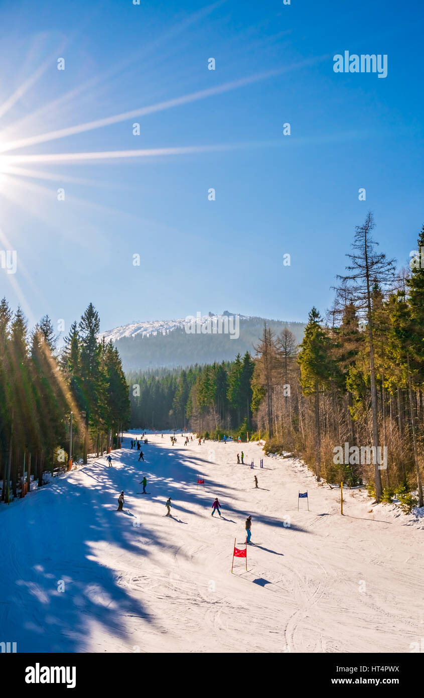 Szklarska Poreba, Poland -  February 2017 :  People skiing on the slopes of Szrenica mountain in Karkonosze mountains, Poland Stock Photo