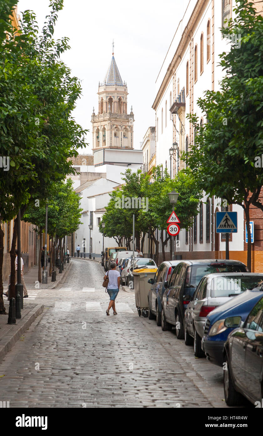 Traditional housing area in city centre,  Barrio Macarena, Seville, Spain looking to Iglesia de San Marcos church Stock Photo