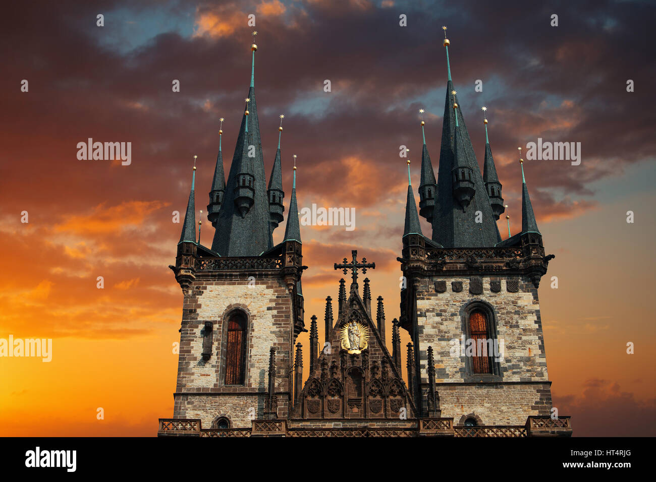 Prague Old town square, Tyn Cathedral. under sunlight. Stock Photo