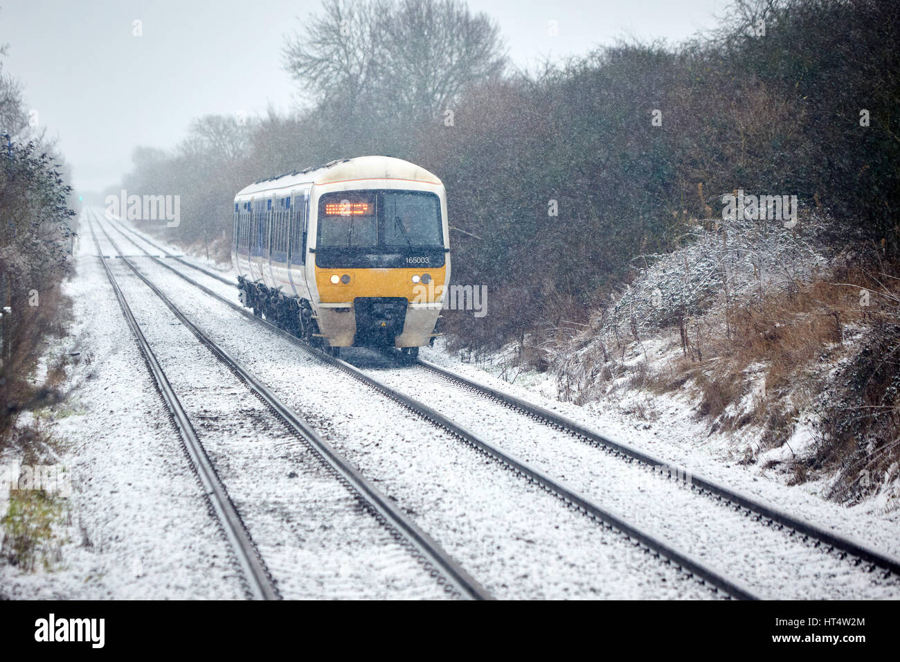 Train arriving at Stoke Mandeville train station in Buckinghamshire