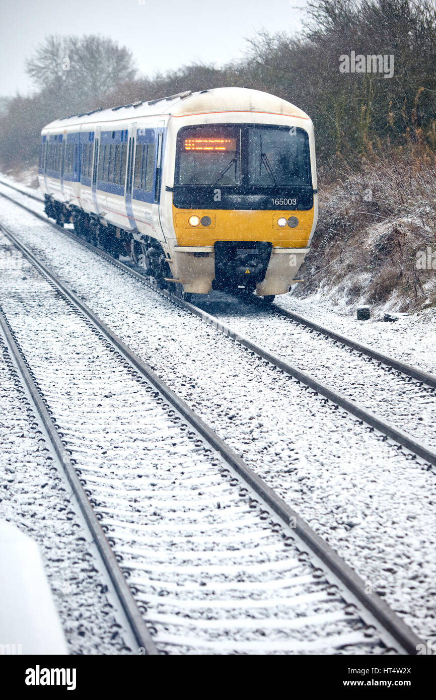 Train arriving at Stoke Mandeville train station in Buckinghamshire