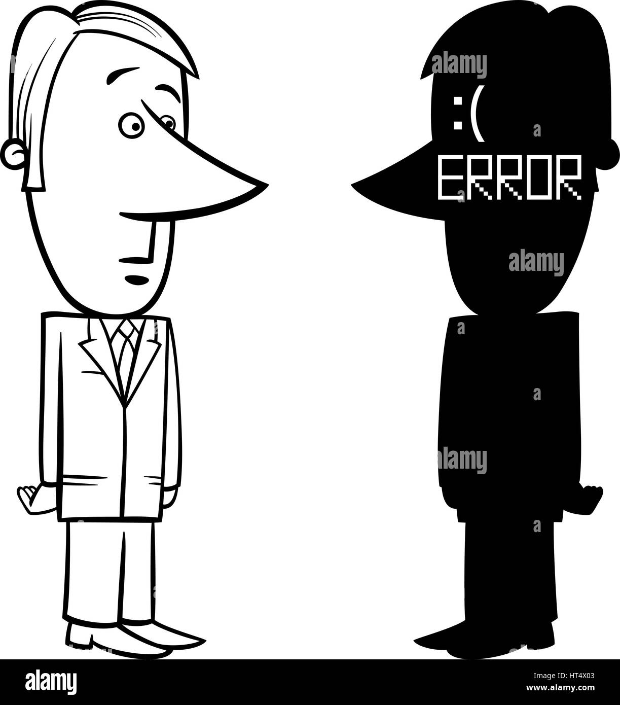 Black and White Concept Cartoon Illustration of Businessman with Blue Screen of Death Error Stock Vector