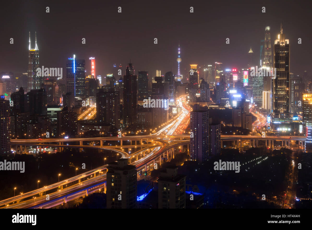 Shanghai, China - March 2, 2017: Shanghai skyline at night with the Shanghai Tower and Shanghai World Financial Center on background Stock Photo