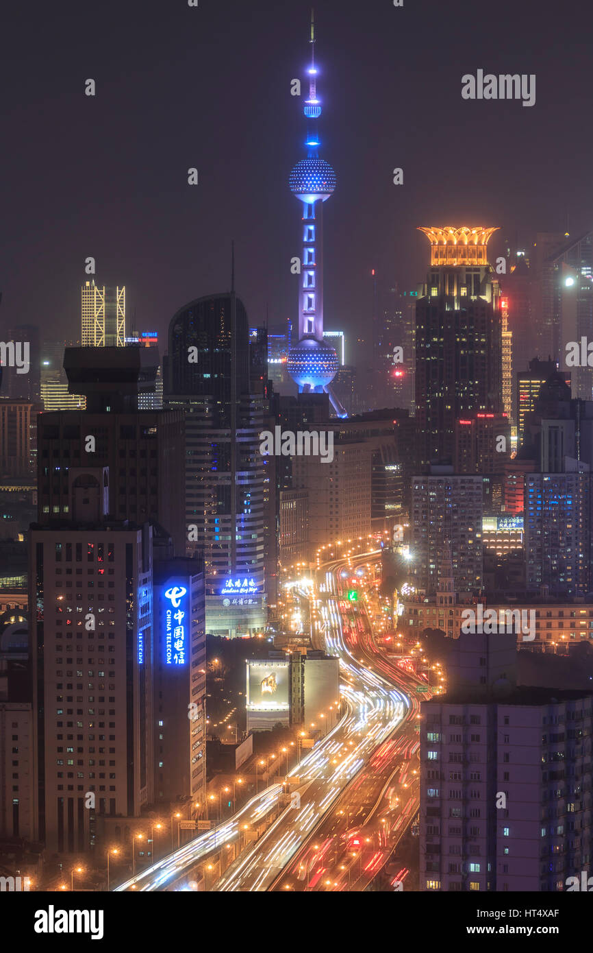 Shanghai, China - March 2, 2017: Shanghai skyline at night with the Oriental Pearl Tower on background Stock Photo