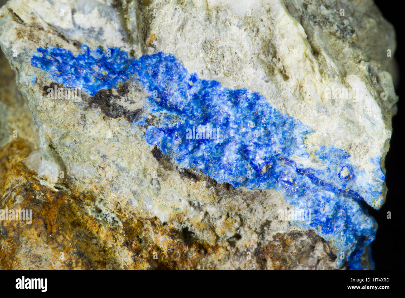 Linarite mineral (Lead Copper Sulphate Hydroxide) encrusting a rock sample. From the Daren mine, Goginan, Ceredigion Wales. Stock Photo