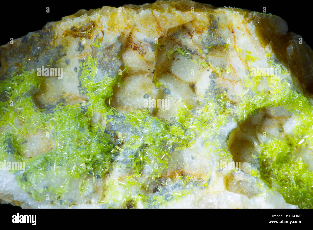 Pyromorphite (lead chlorophosphate) crystals on quartz. From the Bwlch Glas mine, Ceredigion, Wales. Stock Photo