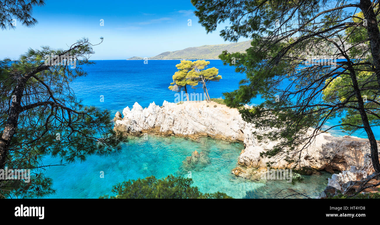 Cape Amarentos and the Mama Mia "Three trees" point, Skopelos, Greece Stock  Photo - Alamy