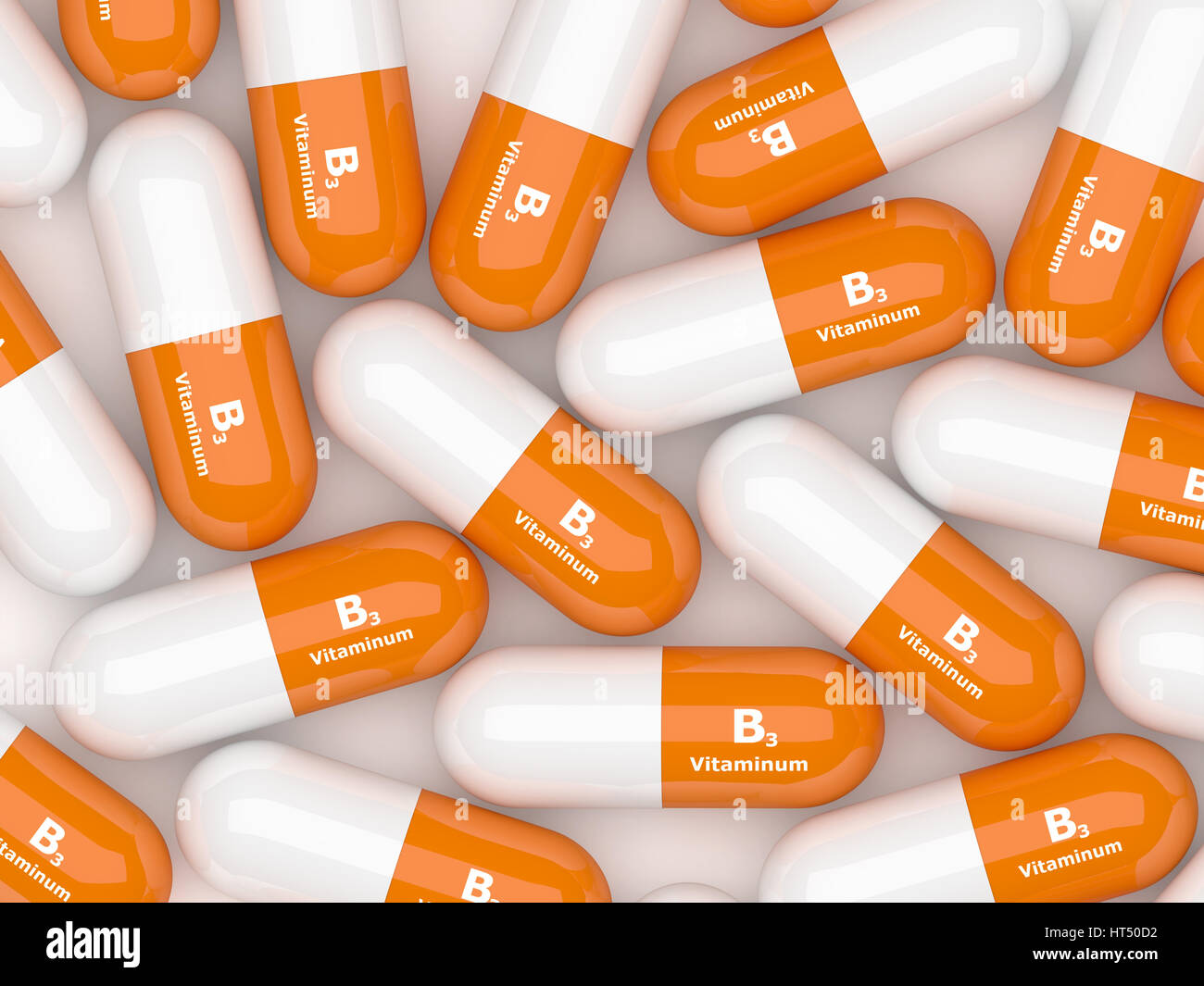 3d rendering of vitamin B3 pills lying on white table Stock Photo