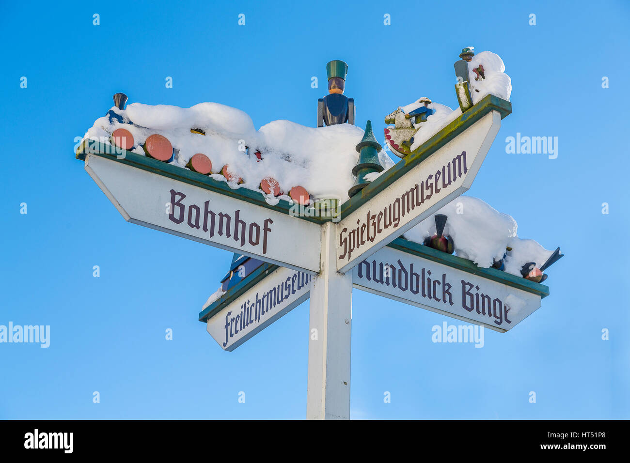 Signpost, indication for sights, Seiffen, Ore Mountains, Saxony, Germany Stock Photo