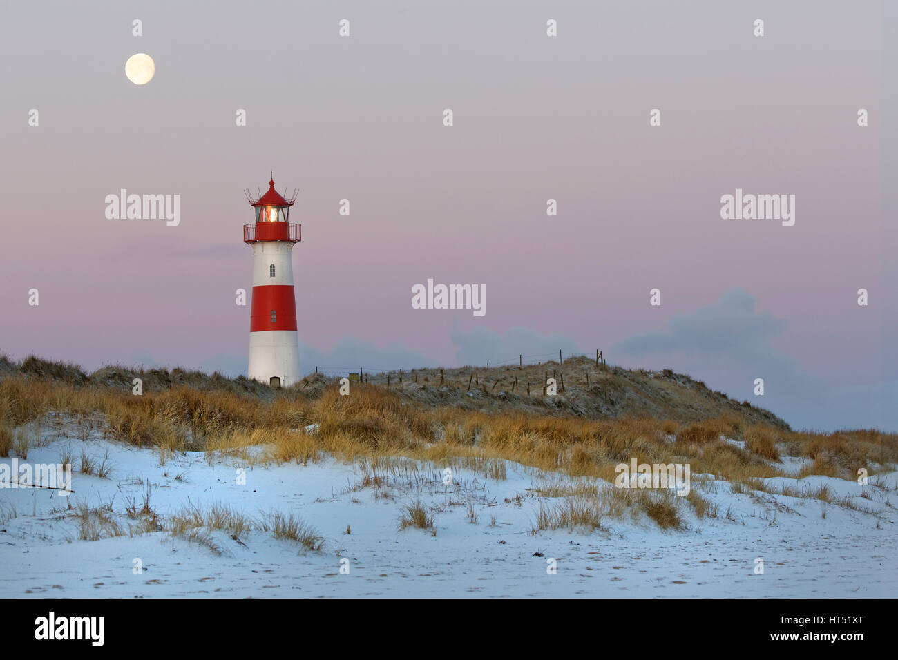 Red and white striped lighthouse List East in the dunes at the full moon, twilight, Ellenbogen, List, Sylt, North Frisia Stock Photo
