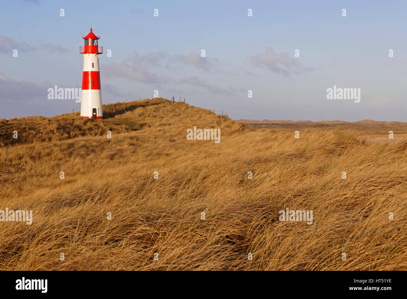 Red and white striped lighthouse List East, Ellenbogen, List, Sylt, North Frisia, Schleswig-Holstein, Germany Stock Photo