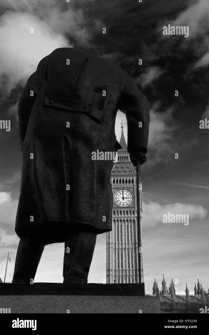 Winston Churchill statue and Big Ben Clock tower, North Bank, Westminster, London City, England, UK Stock Photo