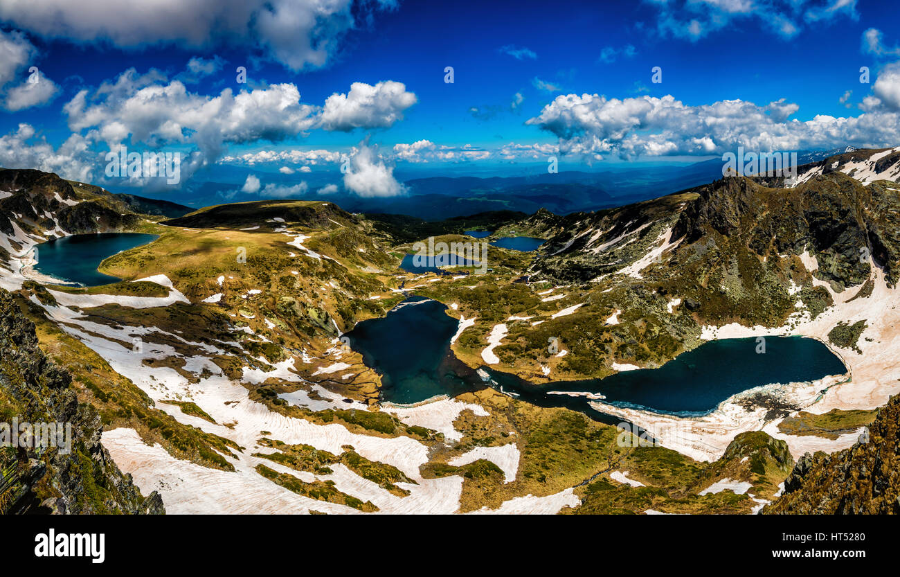 The Seven Rila Lakes are a group of lakes of glacial origin, situated in the northwestern Rila Mountains in Bulgaria. Stock Photo