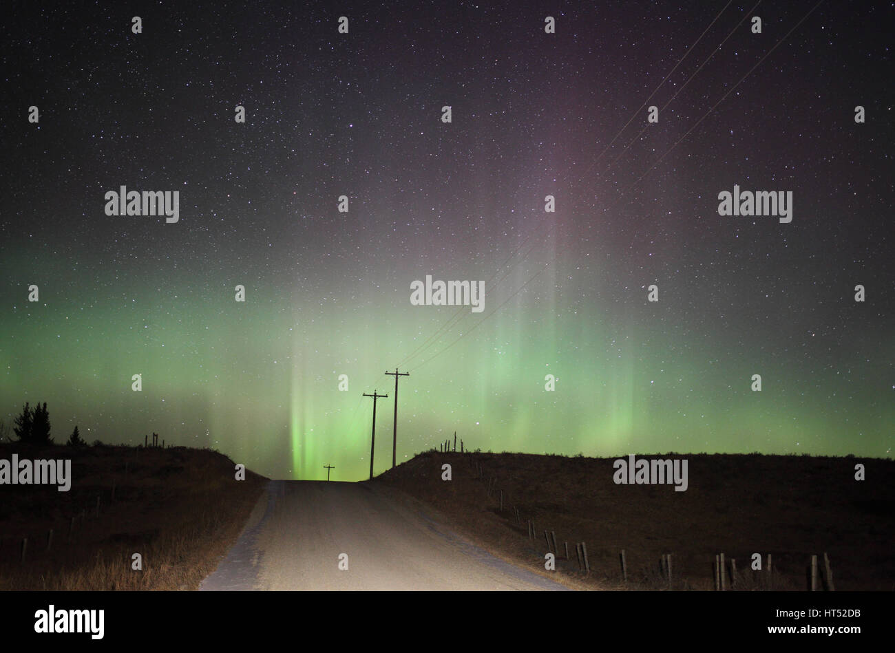 Northern Lights above Alberta prairies along hwy 1A Stock Photo