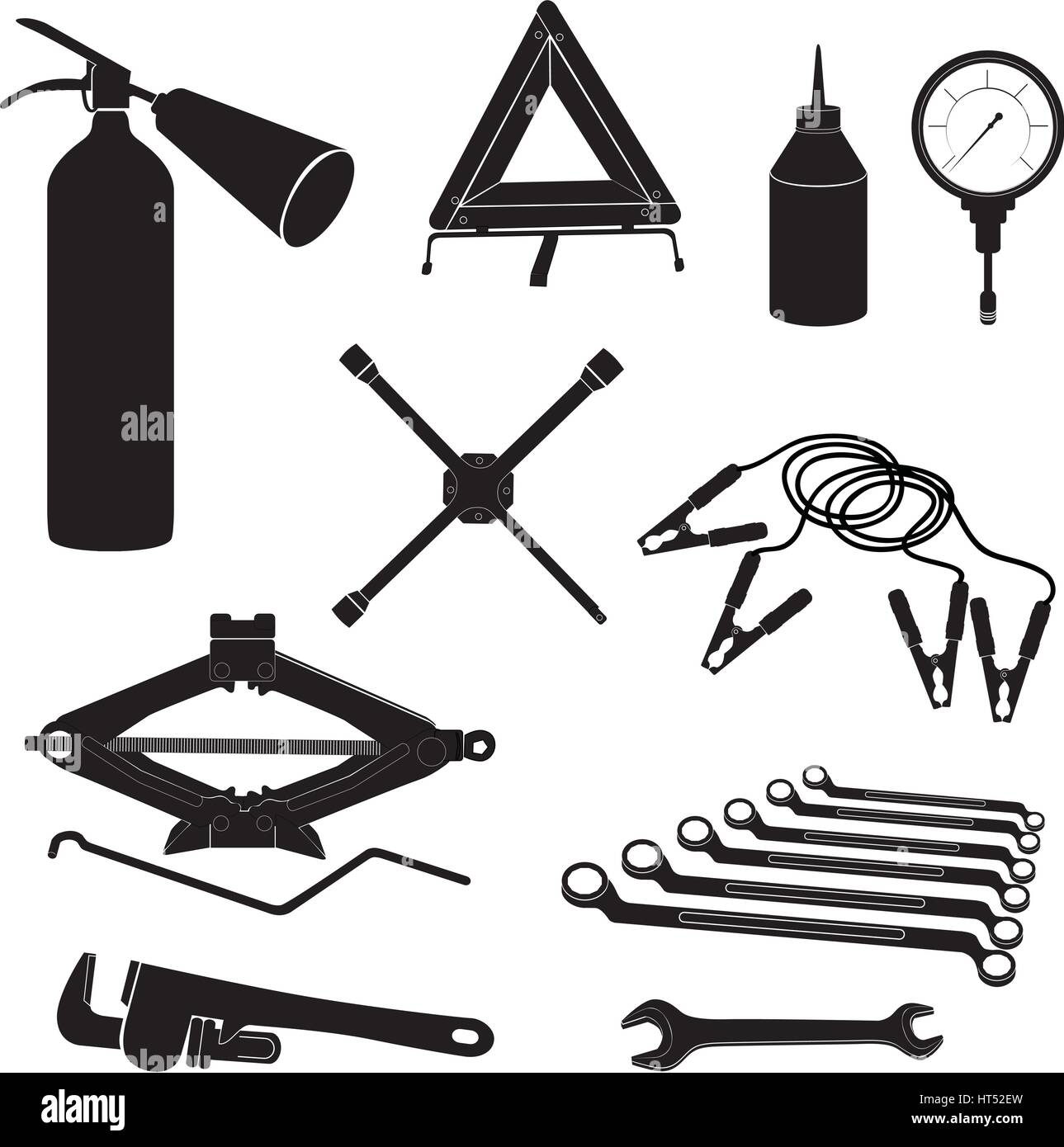 Workshop garage equipment, mechanic tools to repair engine, change tires,  road safety sign, and emergency call vector illustration. Trendy red black  thin line icons for car maintenance service. Stock Vector