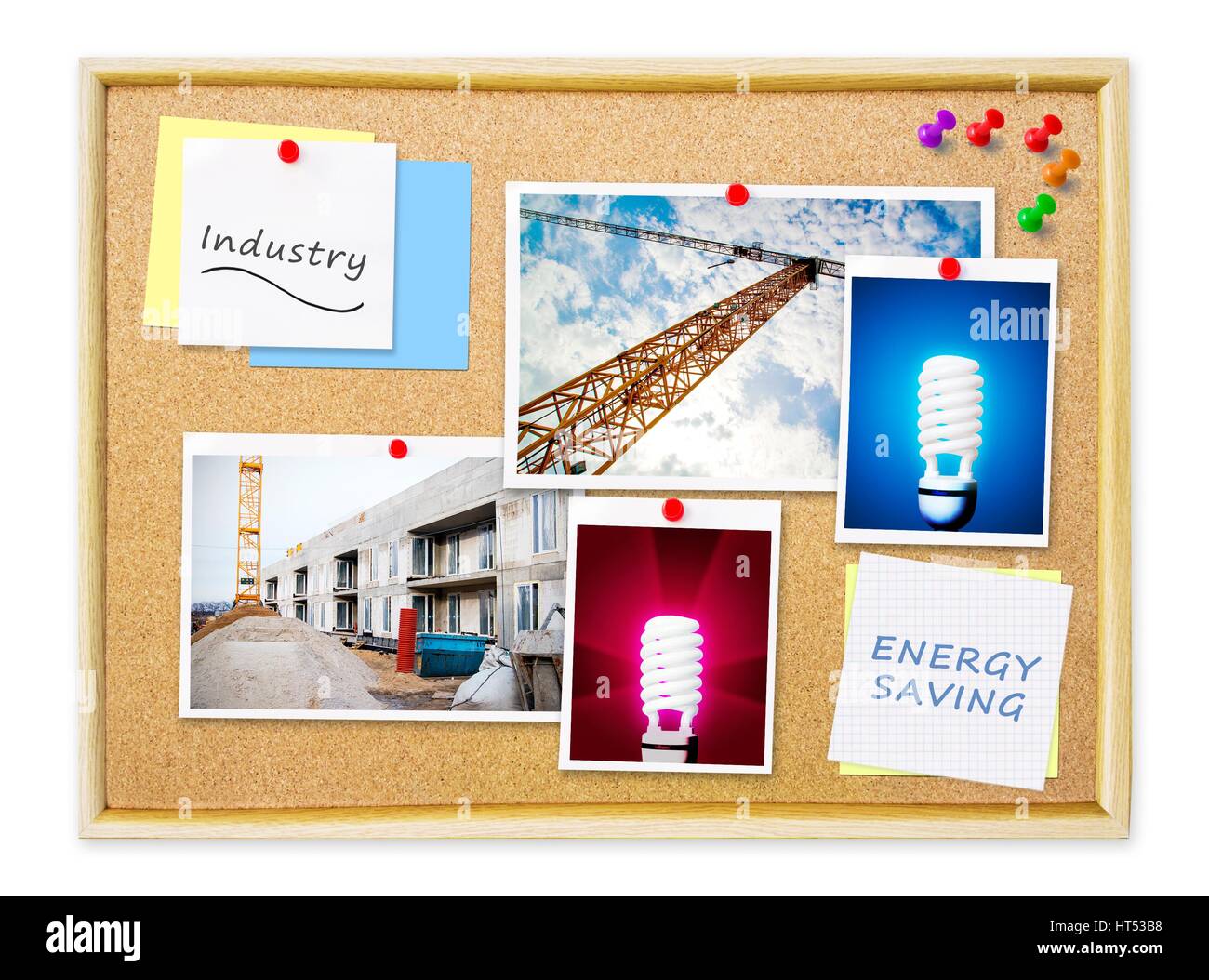 Industry and energy saving on memo cork pin board Stock Photo