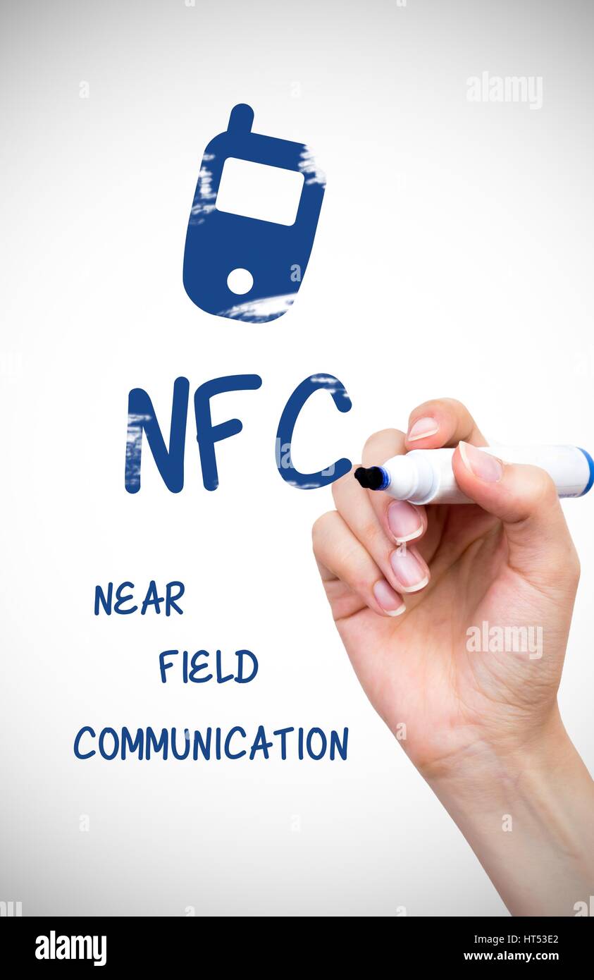 Hand drawing NFC payment technology content on white board Stock Photo