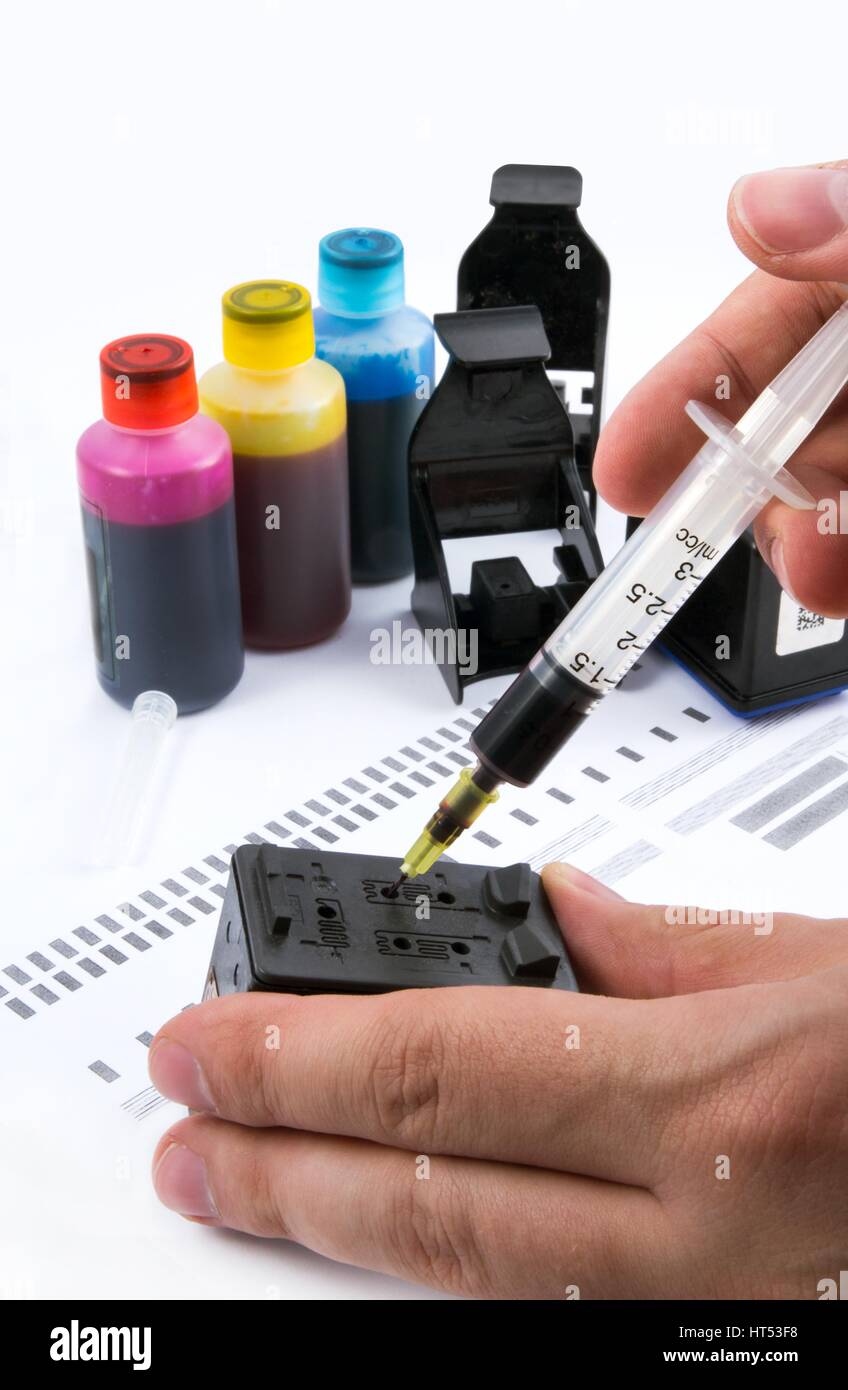 Injecting ink cartridge. Set of refill inkjet for print. Stock Photo