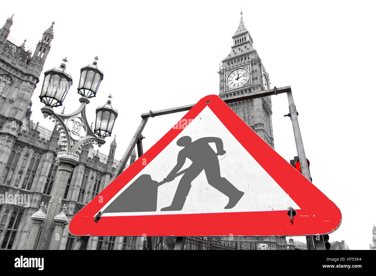 London - March 14, 2015: Work in progress sign near British Parliament. This image can be used to illustrate political editorials and articles. Stock Photo