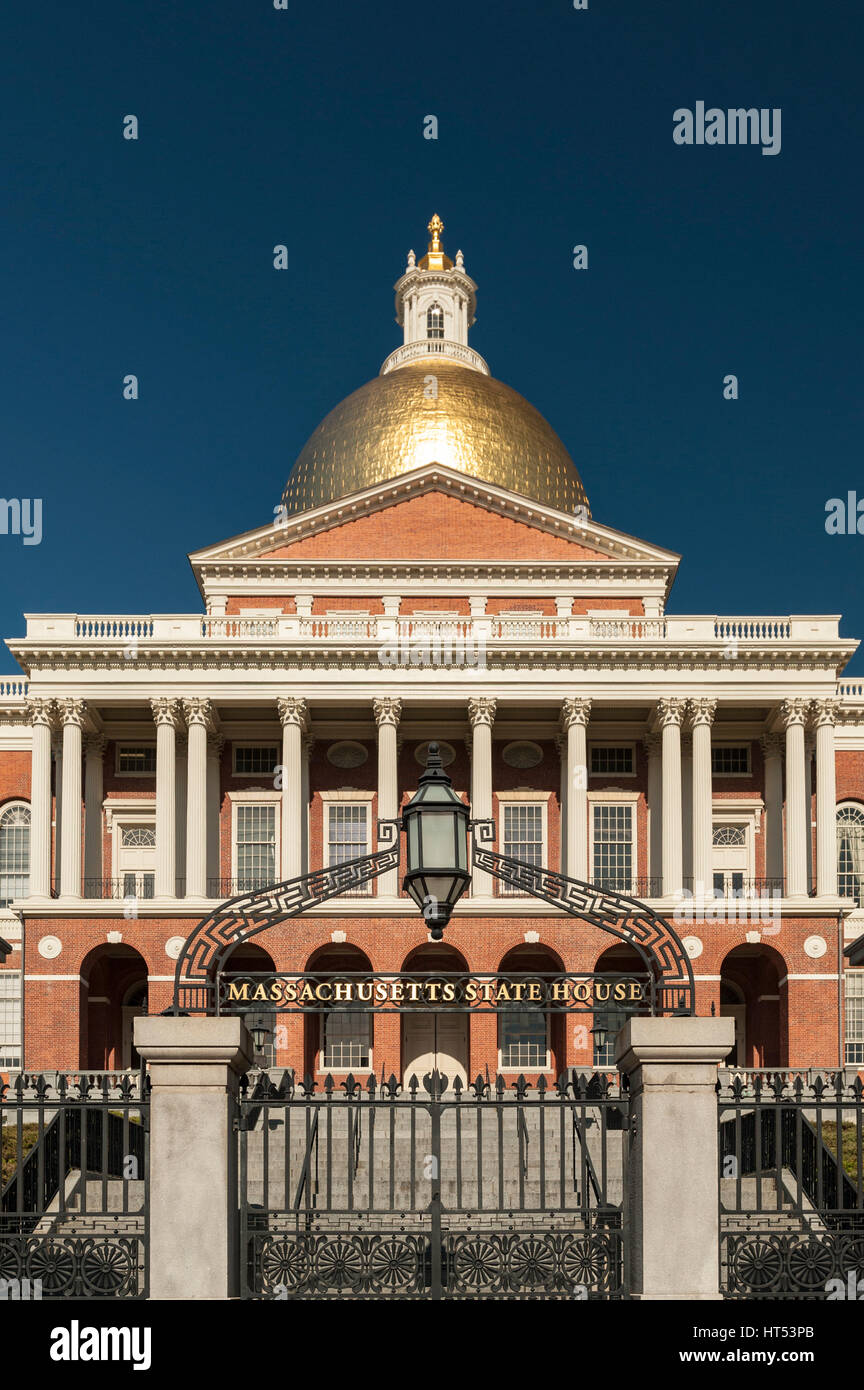 Daytime front view of Massachusetts State House and dome in Summer, Boston, Massachusetts. Stock Photo