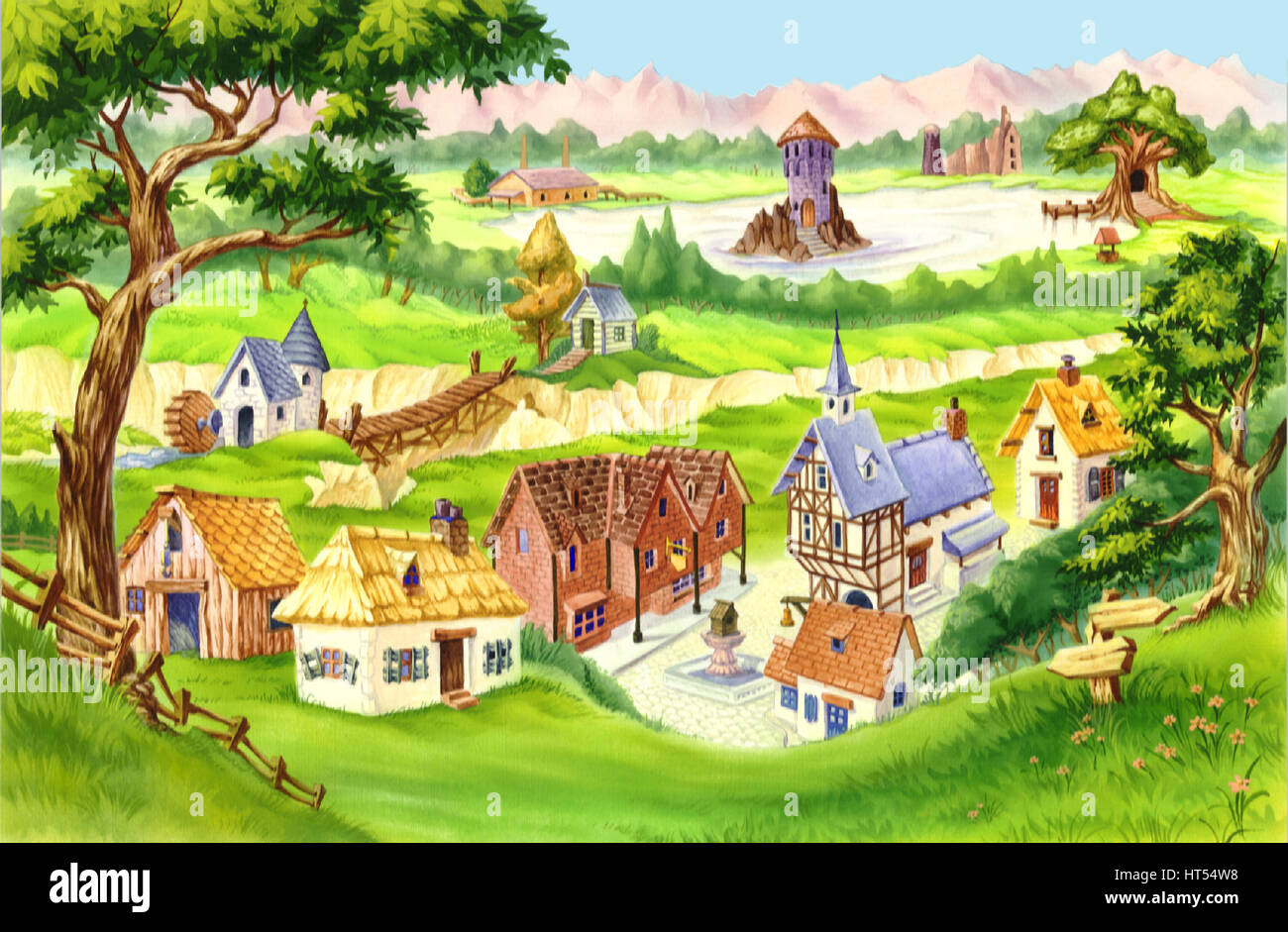 Fairytale Village. Digital Painting Background, Illustration in cartoon  style character Stock Photo - Alamy