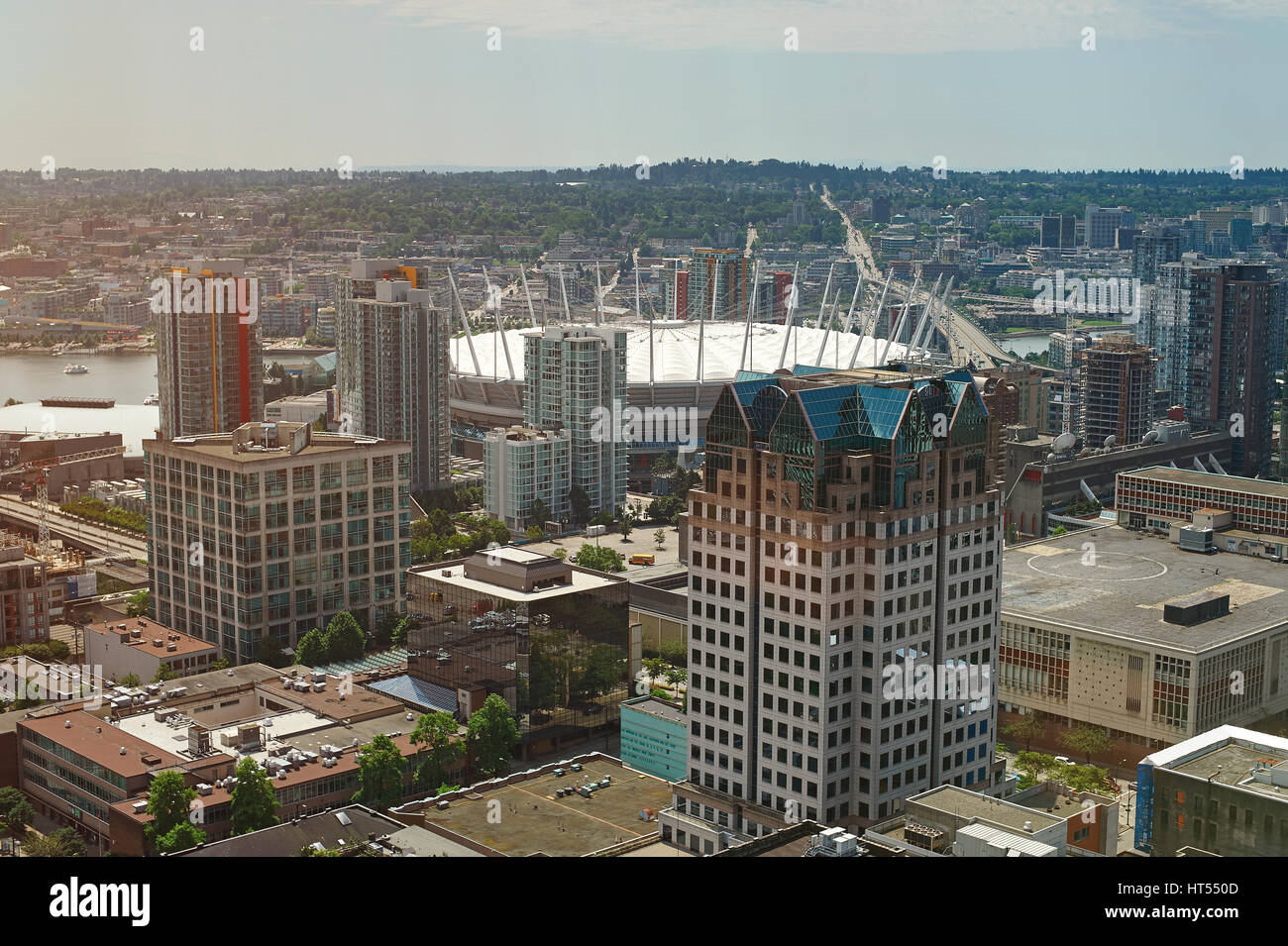 Vancouver downtown cityscape aerial view on sunny day. Modern buildings in Vancouver Canada Stock Photo