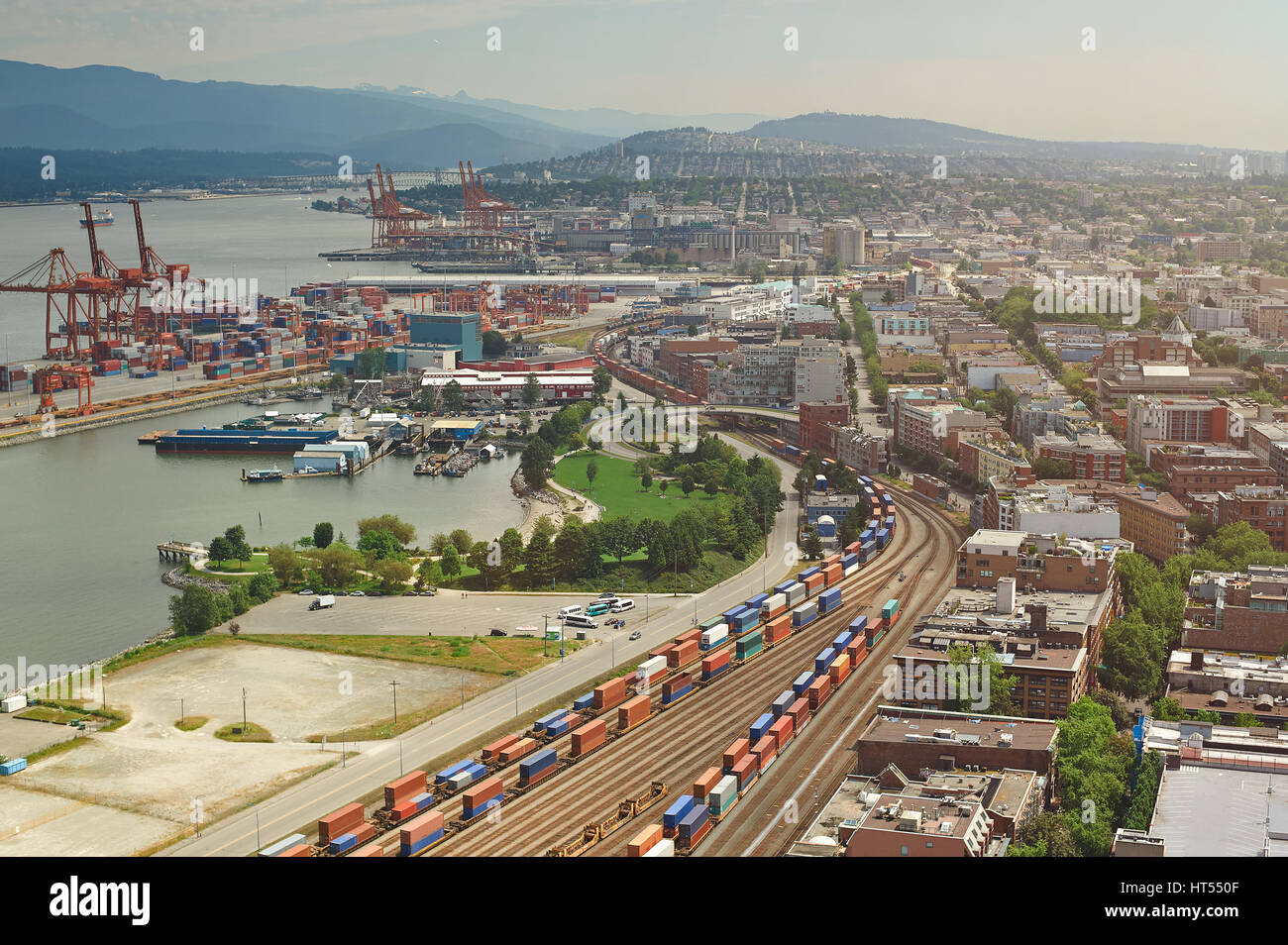 Vancouver freight port aerial view in sunny day. Cargo port in Vancouver Canada Stock Photo
