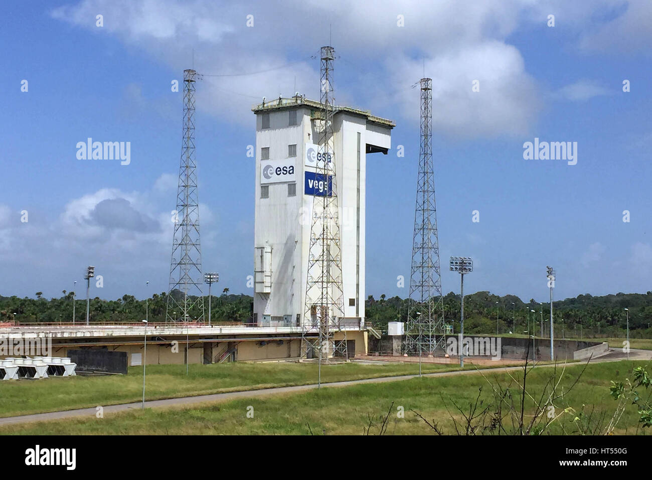 The Sentinel 2B launch pad showing the housing encasing the Vega rocket that later blasted the satellite into orbit from the European Space Agency (ESA) base at Kourou, French Guiana. Stock Photo