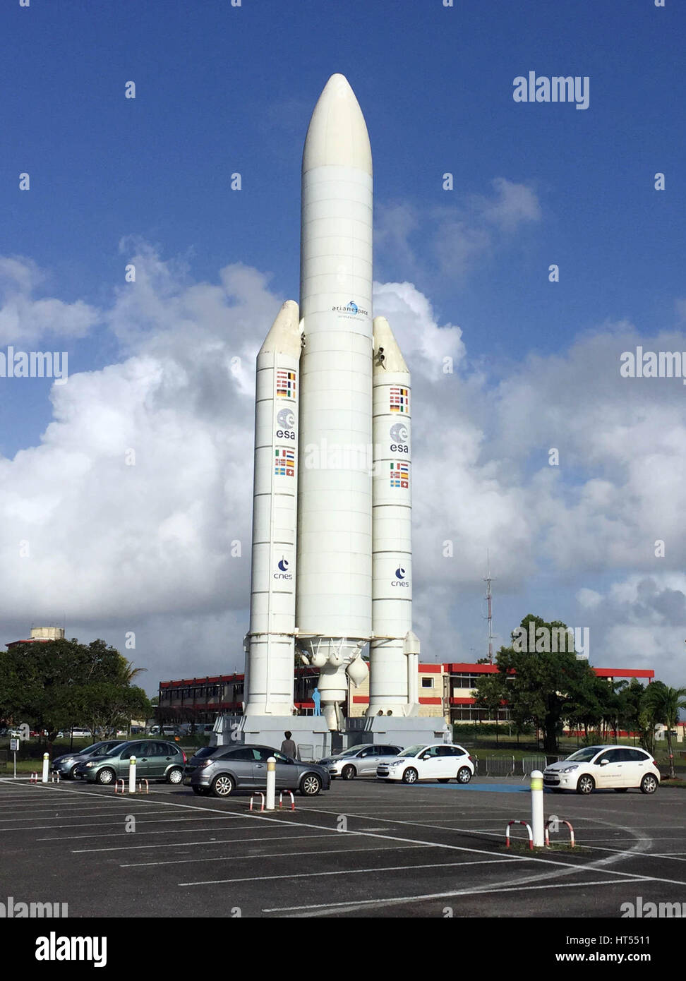 Life size model of an Ariane heavy lift rocket at the European spaceport at Kourou, French Guiana. Stock Photo