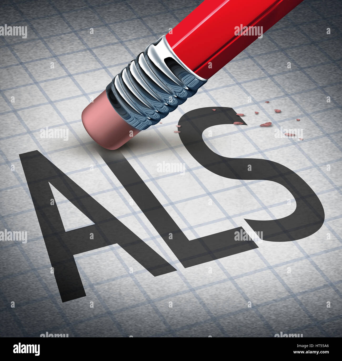 Amyotrophic laterals sclerosis or ALS as a neurodegenerative disease therapy and cure concept as a pencil eraser erasing the ailment. Stock Photo