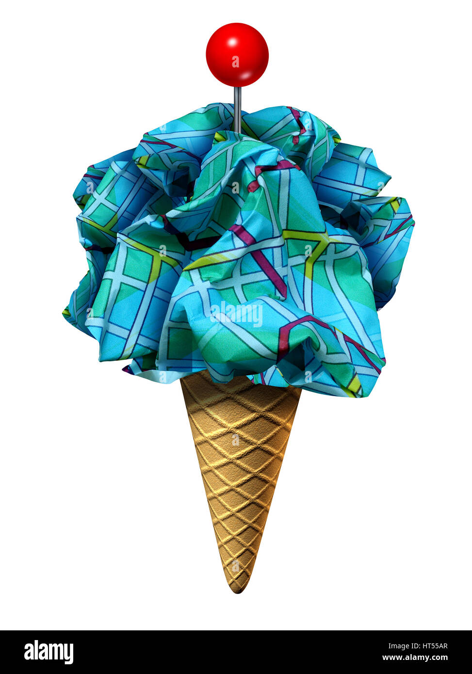 Summer travel symbol and seasonal driving vacation as an ice cream cone holding a group of crumpled paper maps shaped as ice cream. Stock Photo