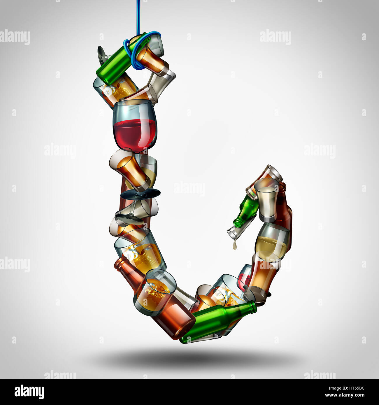 Alcohol hook and under the influence of alcoholic drinks as a group of bottles and glasses shaped as a fishing lure as a health and medical risk. Stock Photo