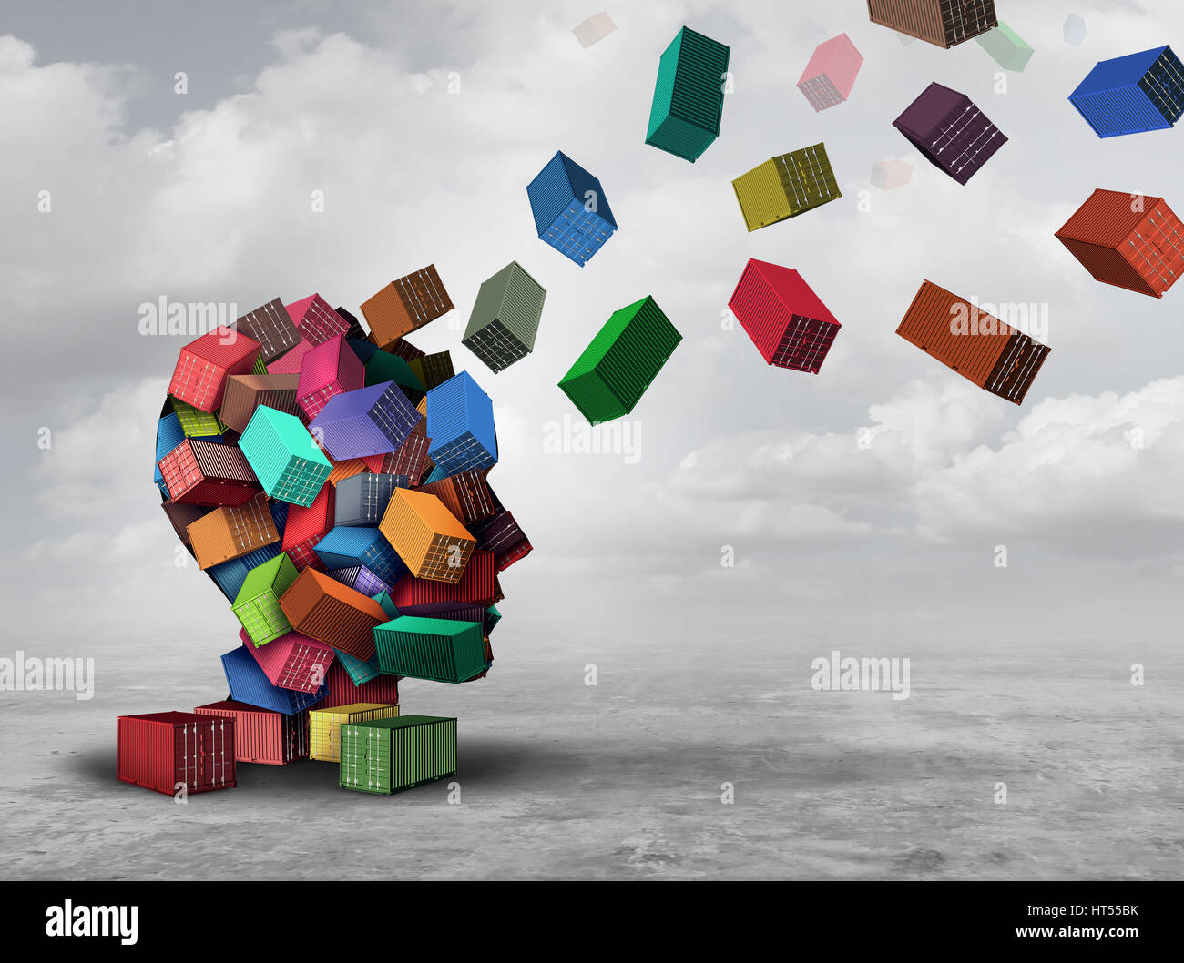 Cargo distribution concept and freight logistics management symbol as a group of shipping containers shaped as a human head with parcel boxes. Stock Photo