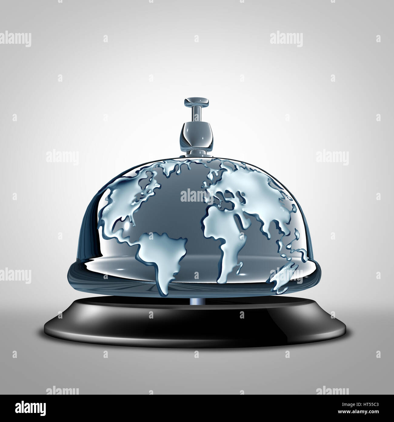 Global service symbol as a front desk hotel bell with the world in the silver as a metaphor for globe communication services and vacation. Stock Photo
