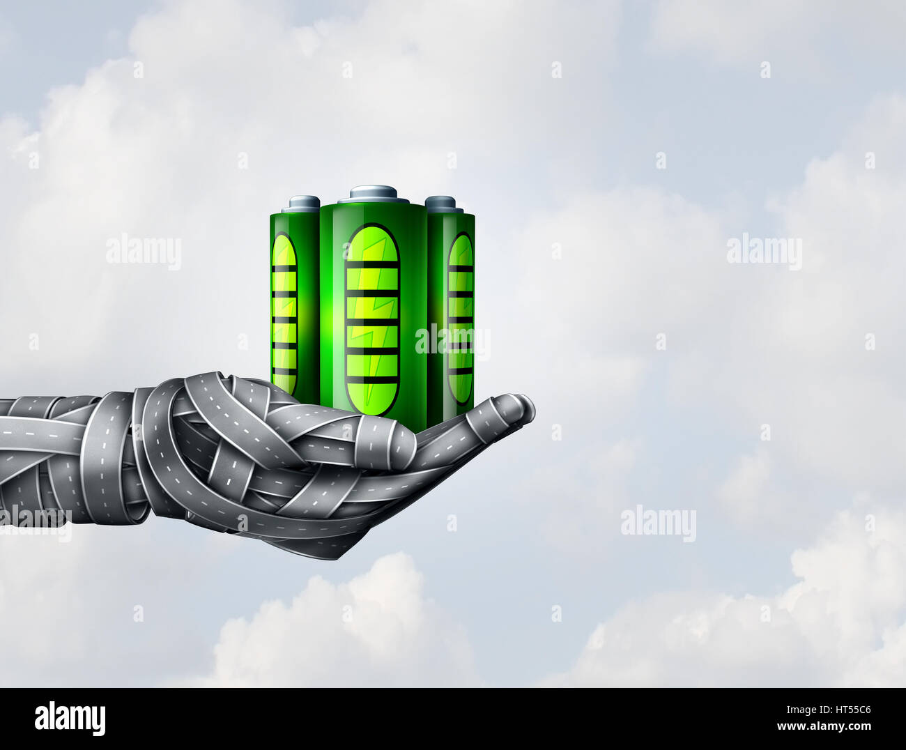 Electric transportation and battery fuel symbol as a group of road objects shaped as a human hand holding rechargeable and renewable energy. Stock Photo