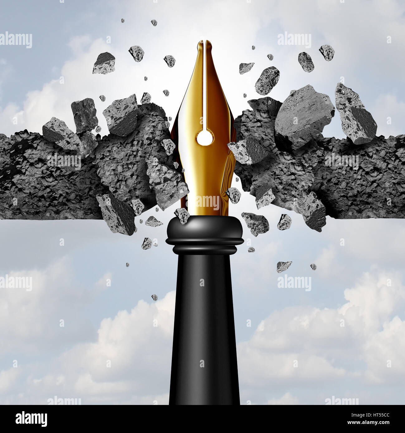Power of the pen concept as a writing instrument with a golden nib breaking through a cement wall as a blogging or powerful communication. Stock Photo