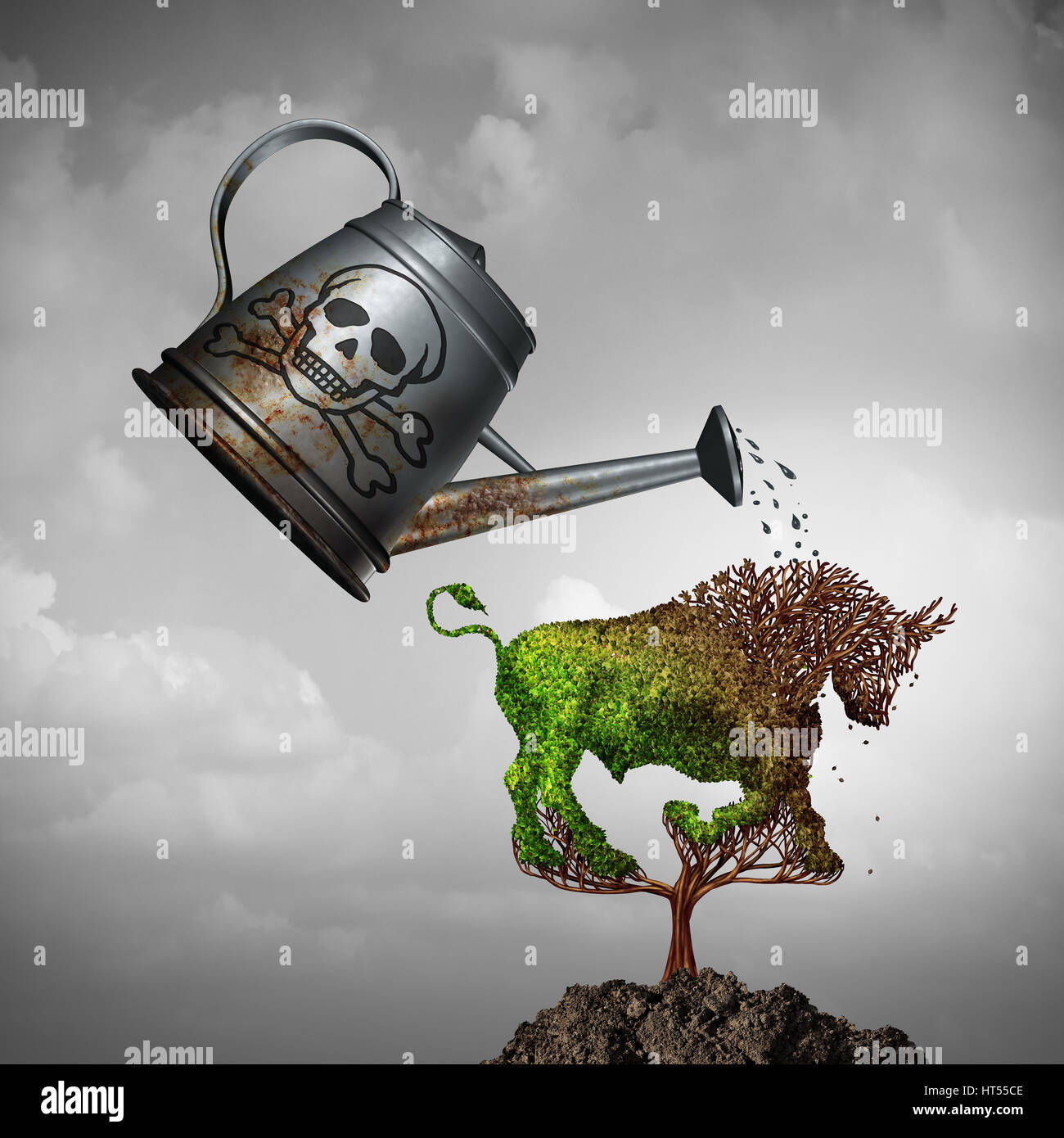 Economic toxic policy and killing a bullish market or harming the economy as a poison water can poisoning a tree shaped as a bull. Stock Photo