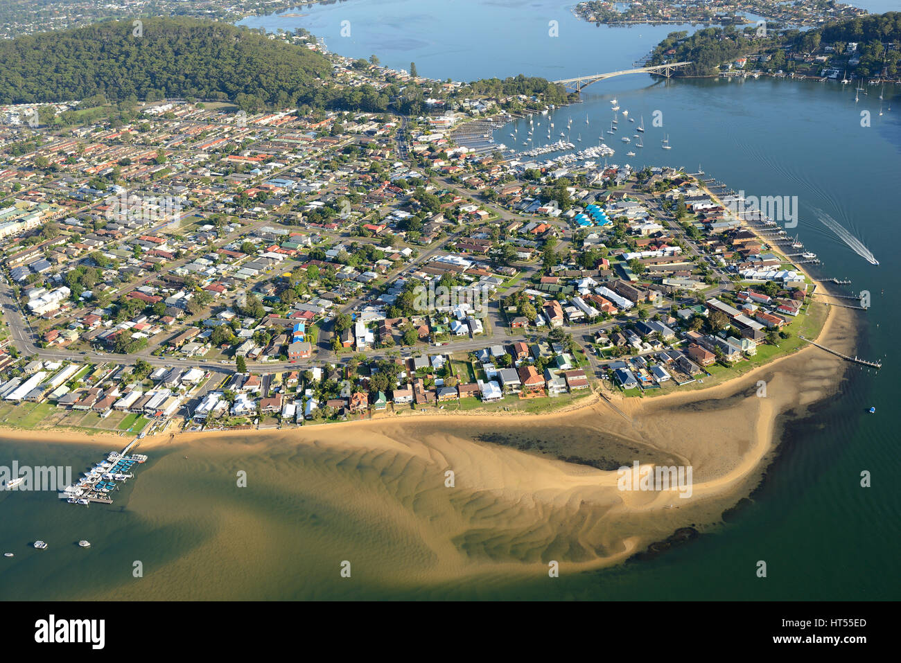 AERIAL VIEW. Resort town of Booker Bay near the mouth of Brisbane Water (an estuary). New South Wales, Australia. Stock Photo