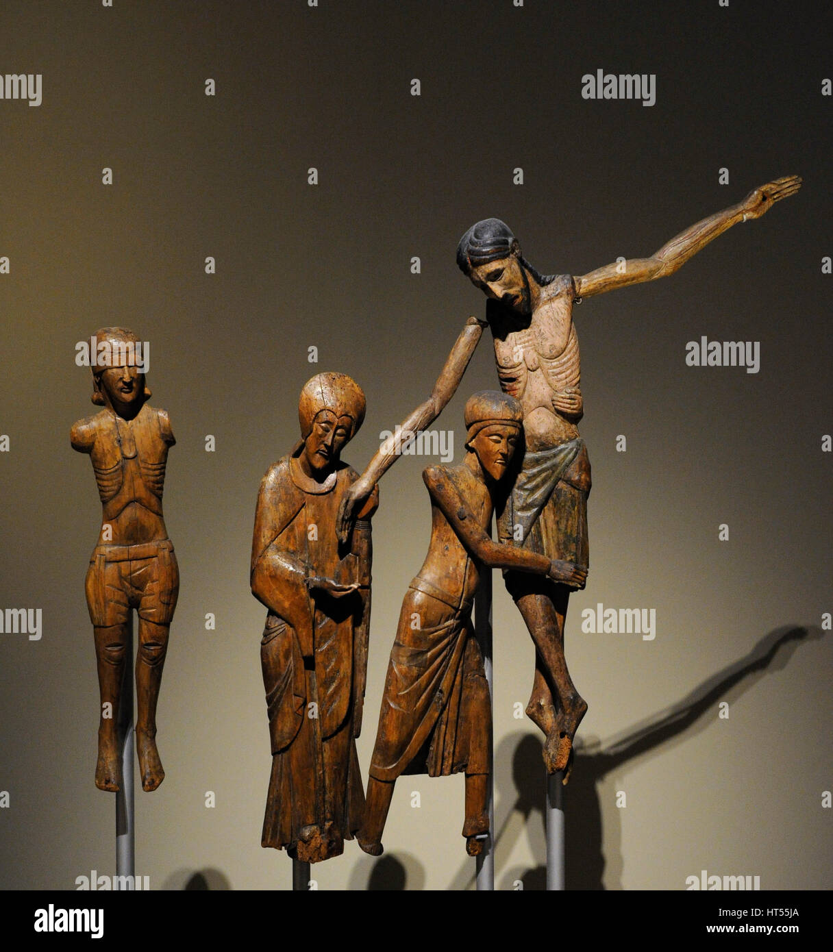 Descent from the Cross from Santa Maria de Taull, 2nd half of 13th century. Figures of Dimes, Virgin Mary, Saint John of Arimathea and Jesus crucified. Wood. Anonymous. Spain. National Art Museum of Catalonia. Barcelona. Catalonia. Spain. Stock Photo