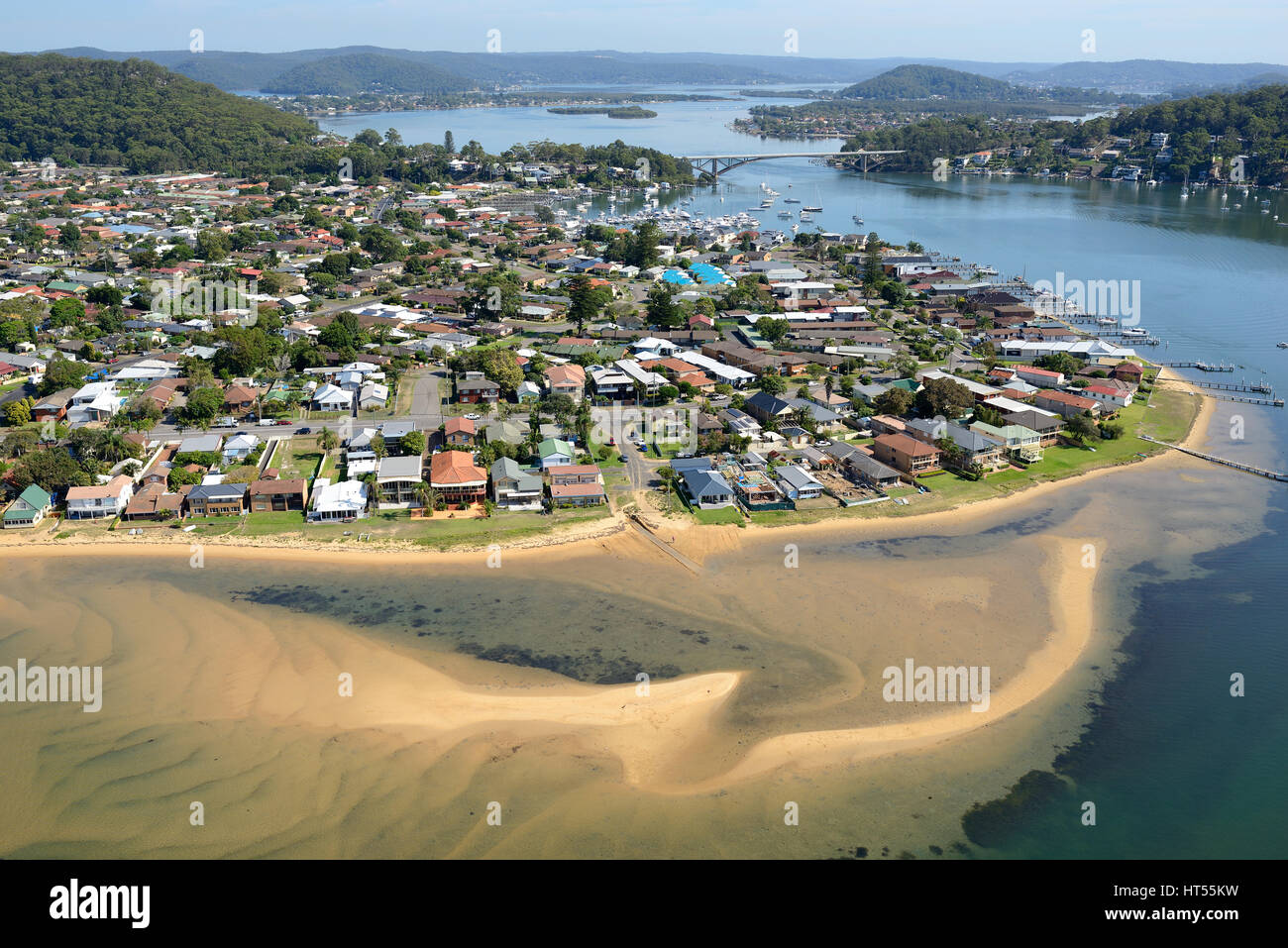 AERIAL VIEW. Resort town of Booker Bay near the mouth of Brisbane Water (an estuary). New South Wales, Australia. Stock Photo