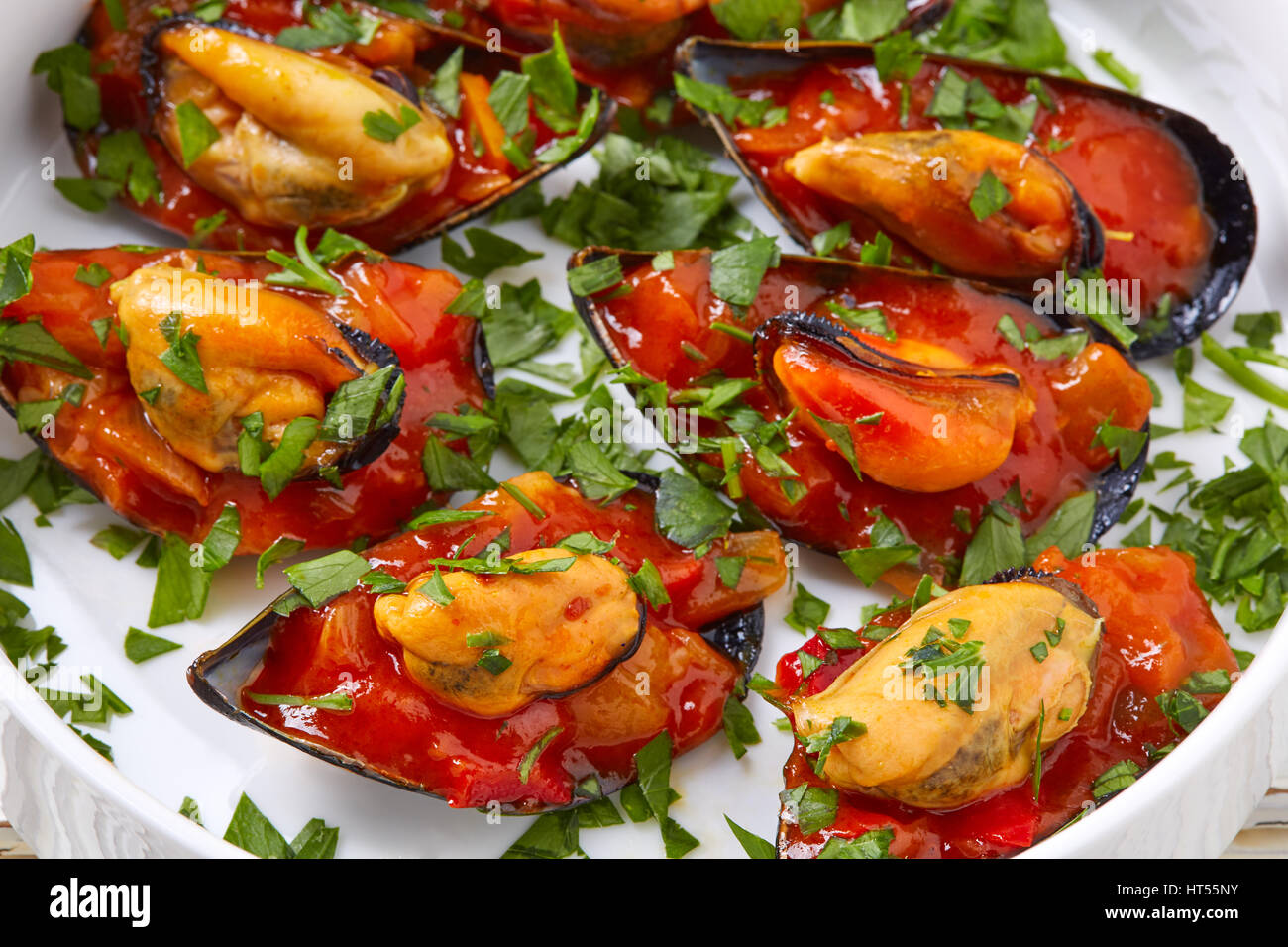 mussels with marinara sauce tapas pinchos from Spain food recipes Stock Photo