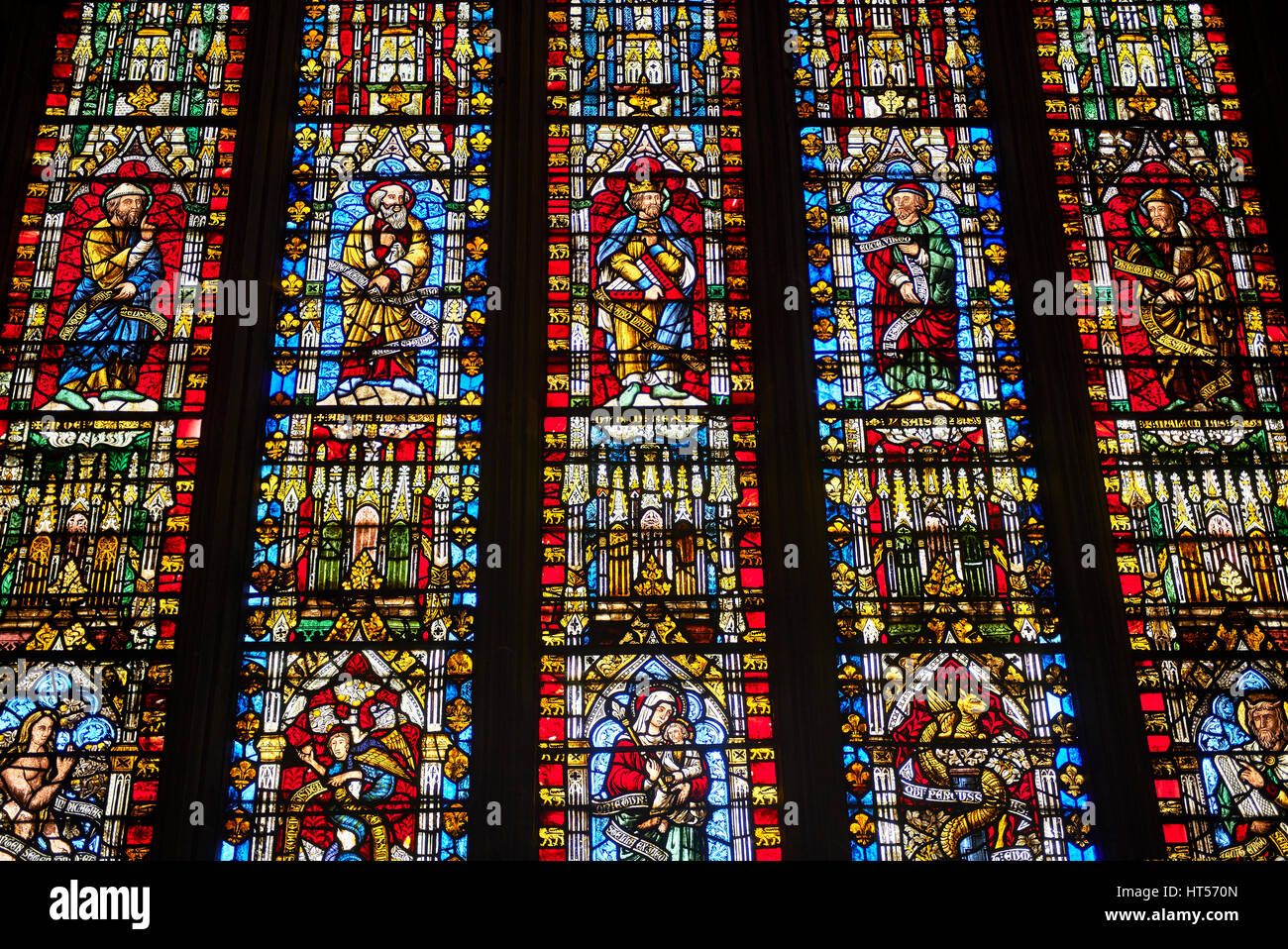 Stained glass of the medieval Wells Cathedral built in the Early ...