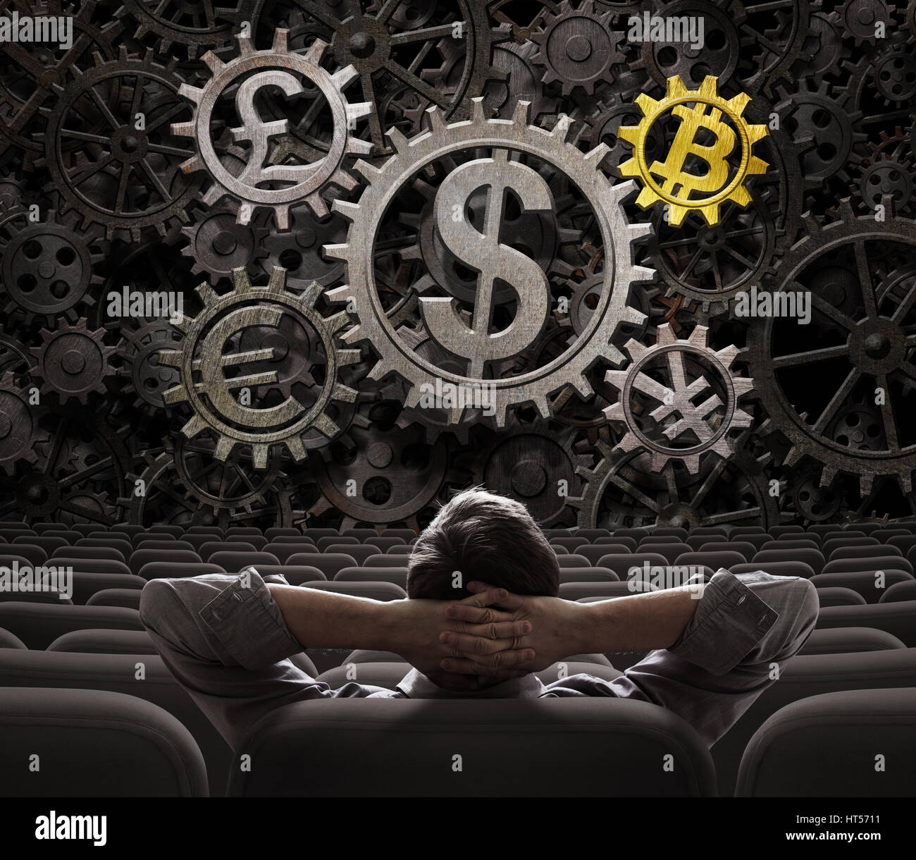 trader or investor looking on main currencies working gears including bitcoin 3d illustration Stock Photo