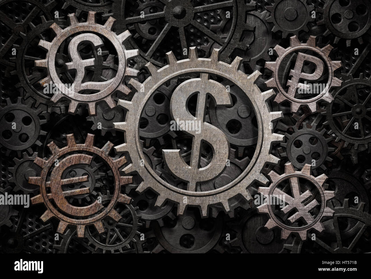 different currencies working gears 3d illustration Stock Photo