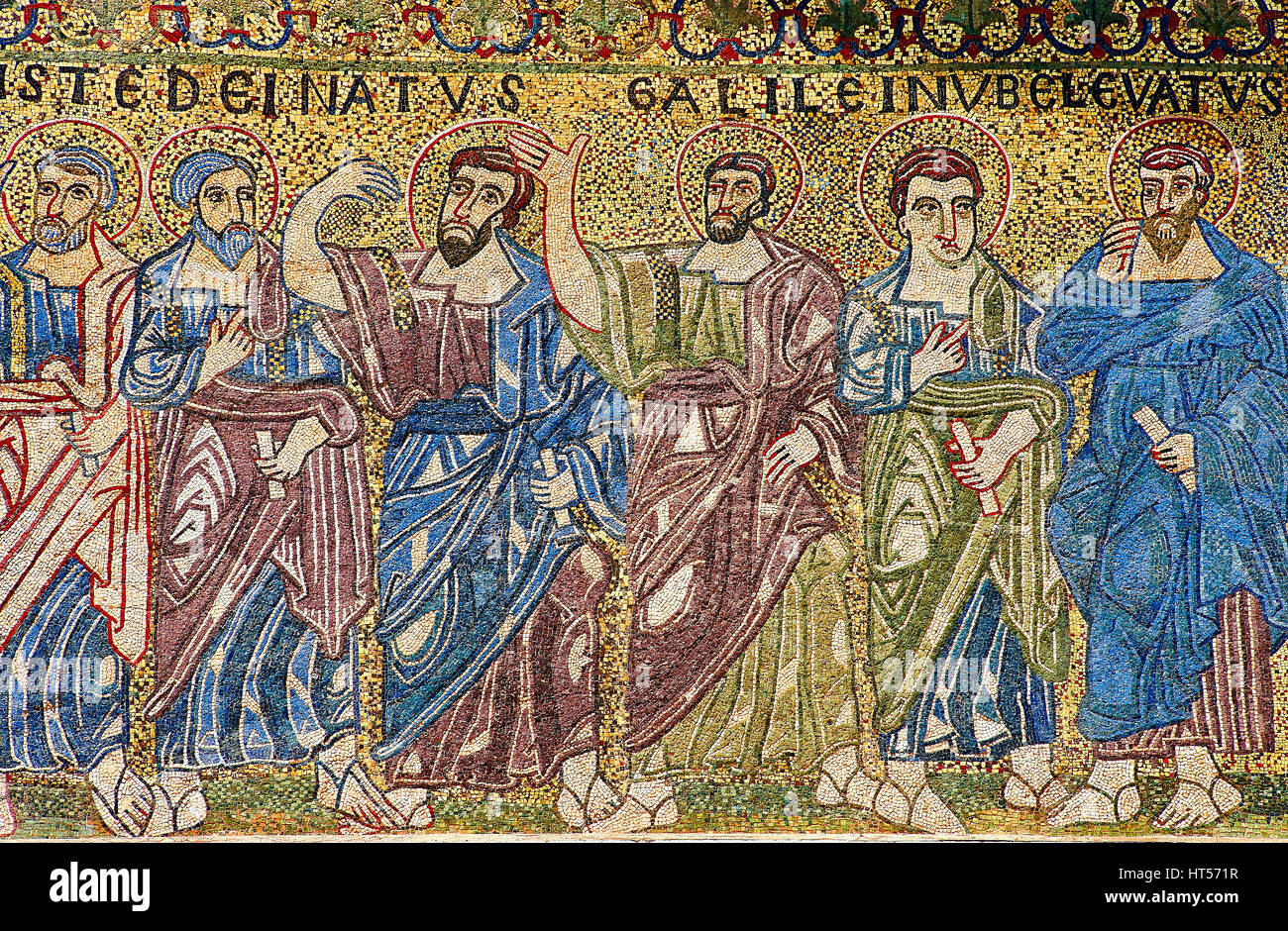 Close up of the 13th century Byzantine Mosaic panel depicting the Apostles on the Basilica of San Frediano, a Romanesque church, Lucca, Tunscany, Ital Stock Photo