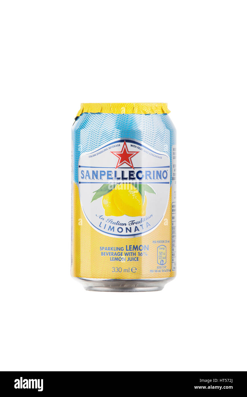 330ml single can of San Pellegrino sparkling lemon Aranciata Sweet juice drink as a packshot  on a white background Stock Photo