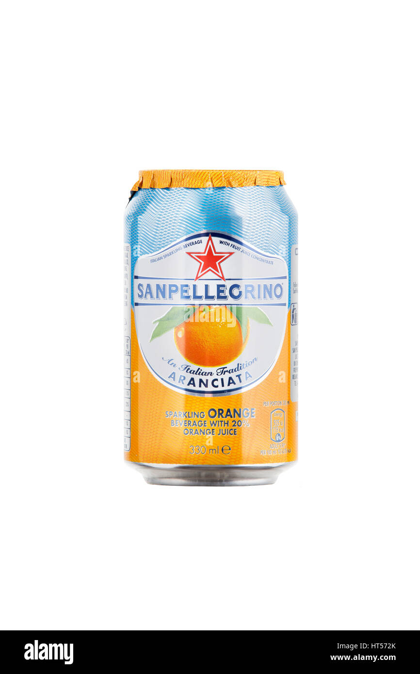 330ml single can of San Pellegrino sparkling orange juice Aranciata drink as a packshot  on a white background Stock Photo