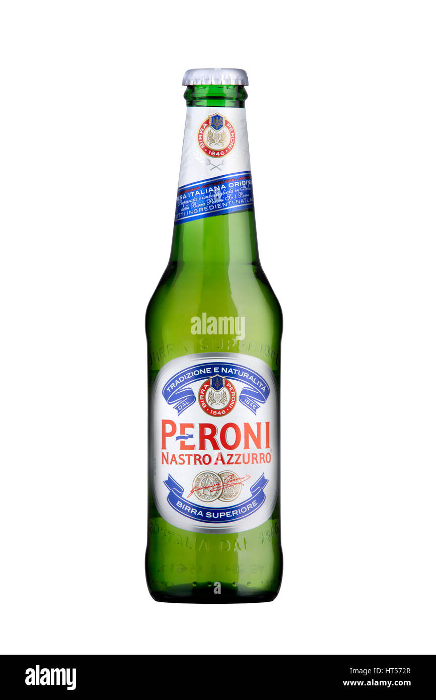 330ml packshot image of a green glass bottle of Peroni Nastro Azzurro lager beer. Stock Photo