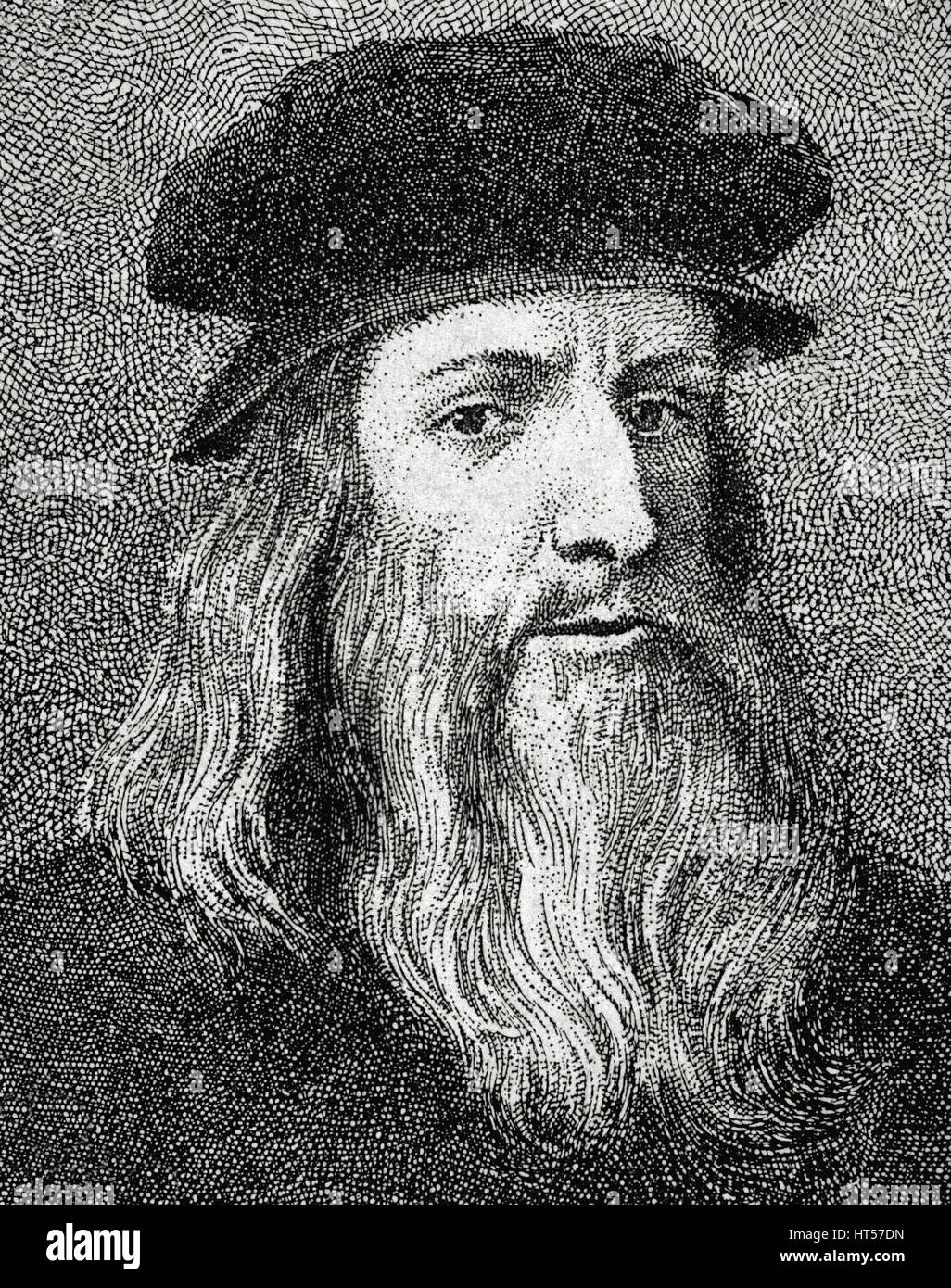 Leonardo da Vinci (1452-1519). Italian polymath known for his works in invention, painting, sculpting, architecture, science, music, mathematics, engineering, literature, anatomy, geology, astronomy, botany, writing, history, and cartography. Renaissance era. Portrait. Engraving by J. Dieguez. "La Ilustración Artística", 1896. Stock Photo