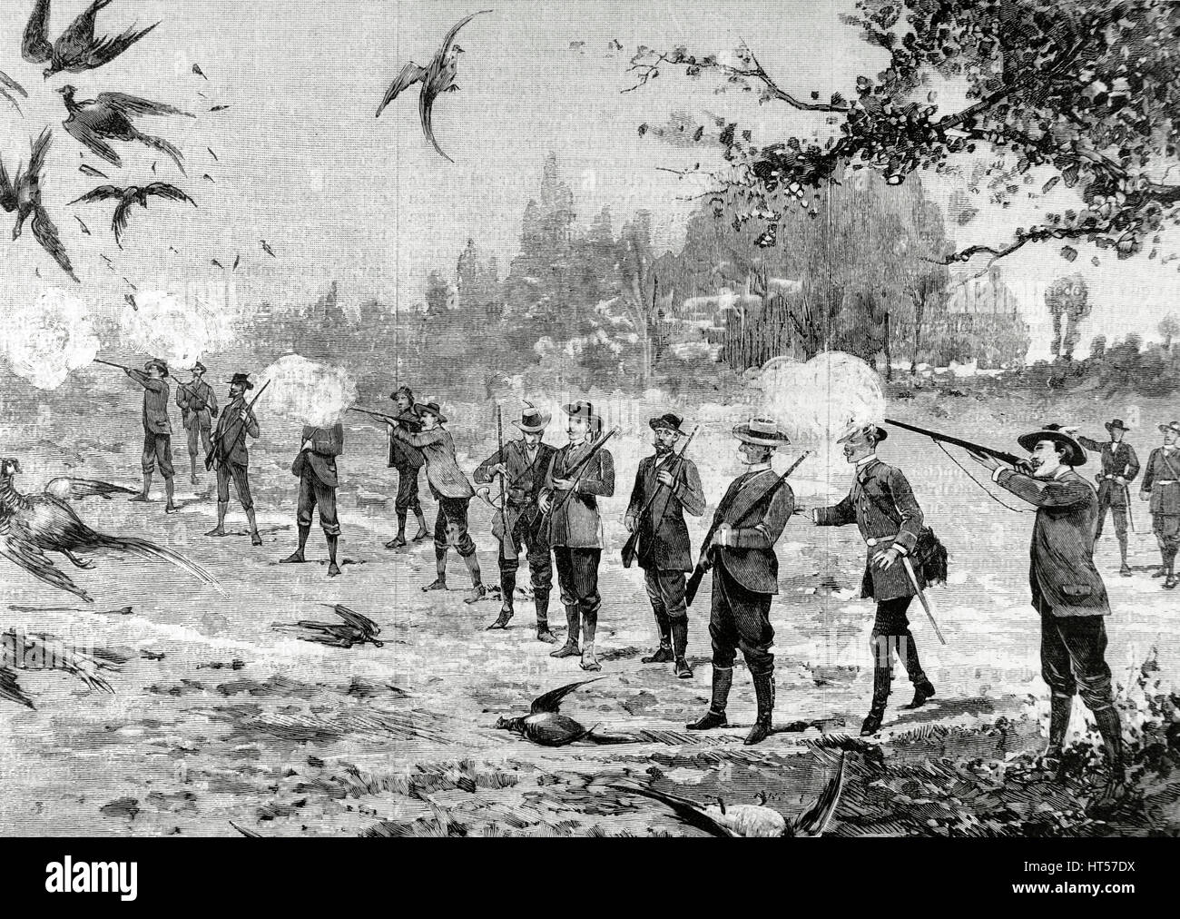 Italy. Monza. The Emperor William II of Germany (1859-1941) and the King of Italy Victor Emmanuel III (1869-1947) hunt in the park of the Royal Palace. Engraved by Rico. 'The Spanish and American Illustration', 1889. Stock Photo